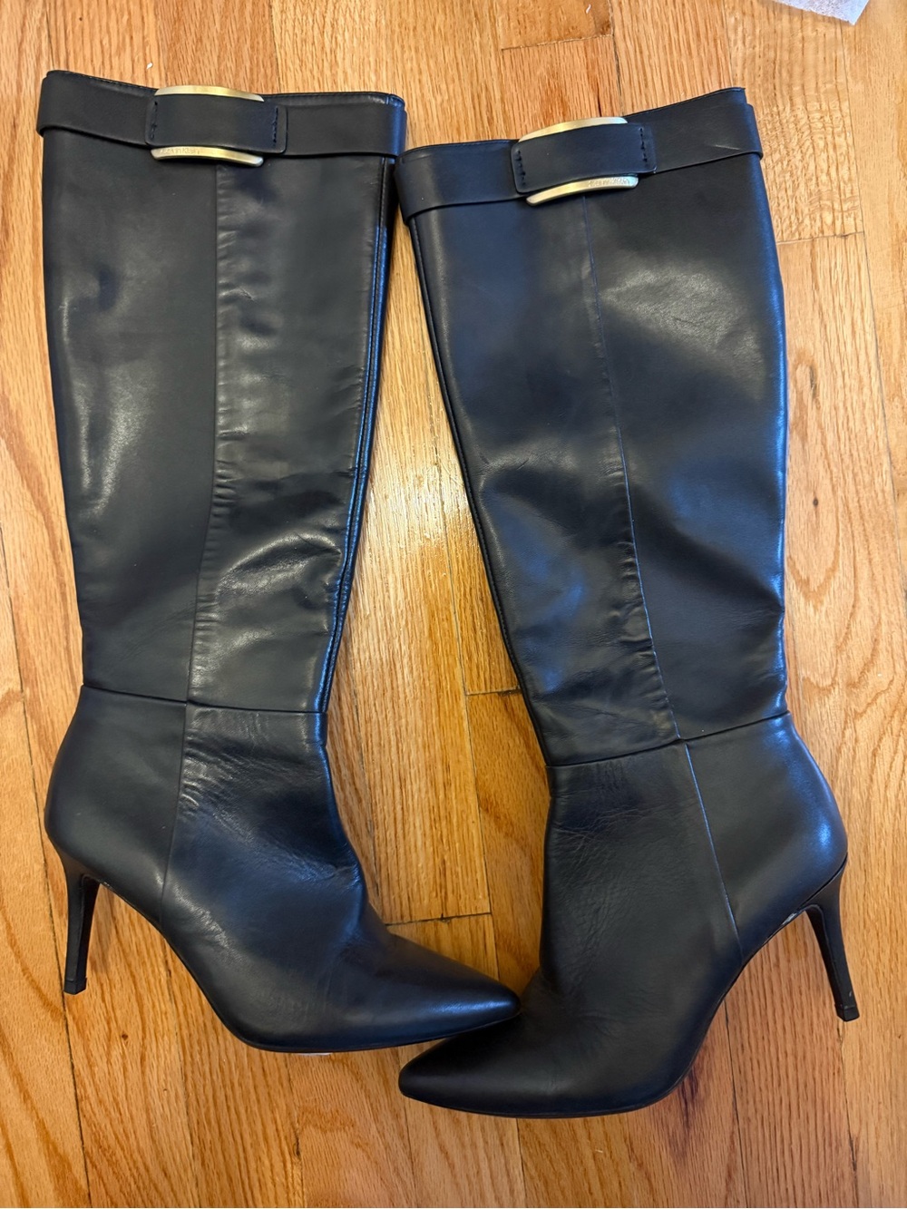Calvin Klein Glydia Leather Knee-High Boots Black Stiletto Gold Buckle Size 6